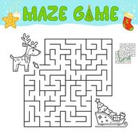 Christmas Maze puzzle game for children. Outline maze or labyrinth game with christmas sleigh and reindeer. vector