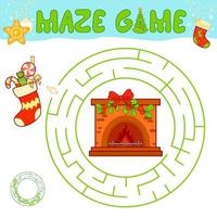 Christmas maze puzzle game for children. Circle maze or labyrinth game with Christmas Sock and fireplace. vector