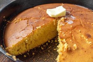 cooking, homemade, kitchen, batter, making, mixture, bowl, recipe, slice, butter, melted, traditional, warm, fresh, corn, bread, cornbread, cast iron, pan, top view, flat lay photo