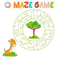 Maze puzzle game for children. Circle maze or labyrinth game with giraffe. vector