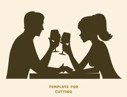 Template for laser cutting, wood carving, paper cut. Silhouettes for cutting. Young couple drinking wine vector stencil.