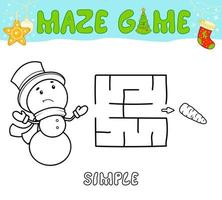 Christmas Maze puzzle game for children. Simple outline maze or labyrinth game with christmas Snowman. vector