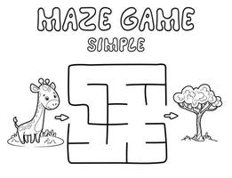 Simple Maze puzzle game for children. Outline simple maze or labyrinth game with giraffe. vector