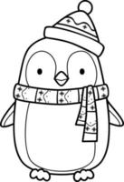 Christmas coloring book or page. Christmas penguin black and white vector illustration