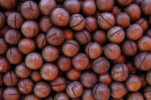 un montón de nueces de macadamia en el puesto del mercado de un agricultor foto