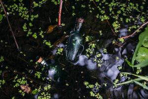 Glass bottles are filled with magic ingredients, elixir. Mysterious lake. photo