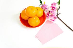 Above view of Orange  Fruit accessories on Lunar New Year  Chinese New Year holiday background concept. photo