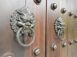Ancient lion knocker on wooden door photo