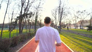 de atleet loopt in het park. sportman draait op joggingbaan bij zonsondergang in het park. video
