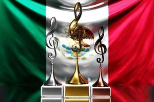 Treble clef awards for winning the music award against the background of the national flag of Jamaica, 3d illustration. photo