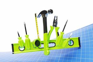 Ilustración 3D de una herramienta manual para el nivel de reparación y construcción, destornillador, martillo, alicates, cinta métrica. set de herramientas foto