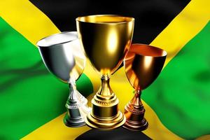 3d ilustración de una copa de ganadores de oro, plata y bronce en el fondo de la bandera nacional de jamaica. Visualización 3d de un premio por logros deportivos. foto