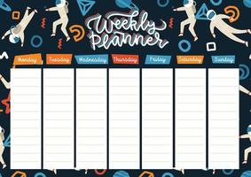 Weekly planner template with funny outer space with astronauts and abstract shapes. Kids schedule printable design. Vector flat hand drawn illustration.