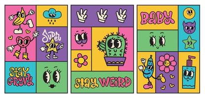 Set of trendy posters with crazy comic faces, creepy characters and colorful geometric outline shapes . Contemporary trendy Mosaic banners with traditional comic faces,hands in gloves. Vector design.