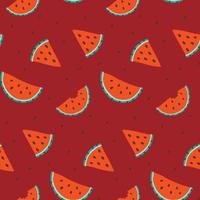 Summer watermelon seamless background pattern with sliced watermelon slices and seeds on dark red background. Vector hand drawn flat background