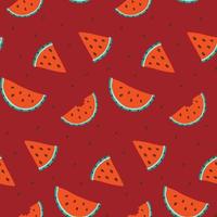 Summer watermelon seamless background pattern with sliced watermelon slices and seeds on dark red background. Vector hand drawn flat background