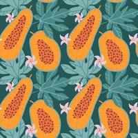 patrón transparente de verano exótico con media papaya sobre fondo de hojas verdes. fruta dulce tropical cortada en rodajas, flores, hojas, pulpa, semillas. fondo de vector dibujado a mano coloridas frutas de la selva