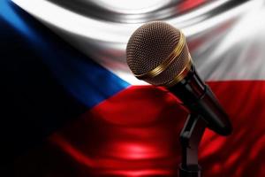 Microphone on the background of the National Flag of Czech, realistic 3d illustration. music award, karaoke, radio and recording studio sound equipment