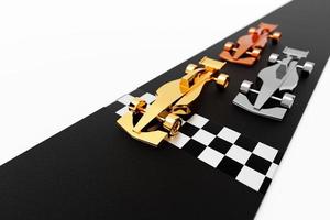 3D illustration of car racing with gold, silver, bronze children's cars. Fight at the finish line of three racing kids convertible cars at high speed photo