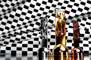 3d illustration of a cup of gold, silver and bronze winners in the form of sports cars on a checkered background. 3D visualization of an award for sporting achievements in racing photo