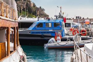 Antalya  Turkey February 20 2022   A police boat floats on  the pier photo