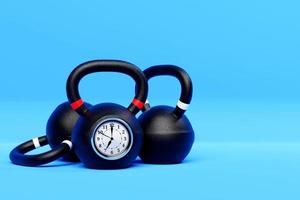 Training weights with clock  on blue isolated background. Dumbbells, kettlebell. photo