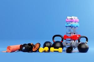 Bunch of fitness training weights  on  blue background. Colorful dumbbells on shelf , kettlebell, gymnastic roller photo