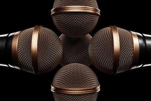 Microphones, round shape model on black background, realistic 3D mockup. music award, karaoke, radio and recording studio sound equipment