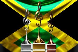 Treble clef awards for winning the music award against the background of the national flag of Jamaica, 3d illustration. photo