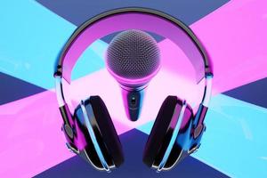 microphone with wireless headphones on  colorful  background photo