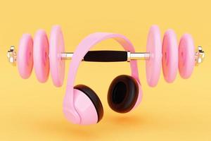 3D illustration  metal pink dumbbell with disks and headphones  on  yellow background. Fitness and sports equipment photo