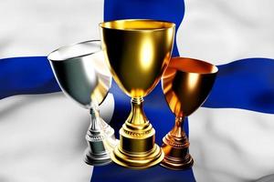 3d ilustración de una copa de ganadores de oro, plata y bronce en el fondo de la bandera nacional de finlandia. Visualización 3d de un premio por logros deportivos. foto