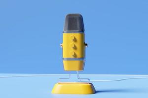 Ilustración 3d, micrófono retro amarillo sobre fondo de color. premio de música, karaoke, radio y equipo de sonido de estudio de grabación foto