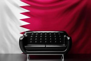Black leather sofa with the national flag of Qatar in the background. 3D illustration photo