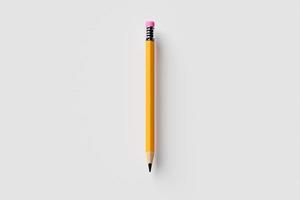 Realistic yellow pencil pointed with pink rubber band on white background, 3D illustration photo