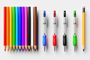 Colored pencils, colored ink pens and a regular pencil with a red rubber band on a white background. 3D illustration. Stationery photo