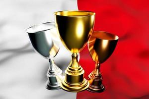 3d illustration of a cup of gold, silver and bronze winners on the background of the national flag of Monaco. 3D visualization of an award for sporting achievements photo