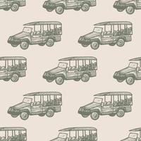 autobús safari grabado de patrones sin fisuras. aventura vintage todoterreno en estilo dibujado a mano.