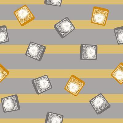 Retro TV engraved seamless pattern. Vintage television media equipment in hand drawn style.