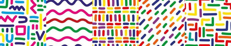 Set of doodle dash lines seamless pattern. Hand drawn linear endless wallpaper collection.