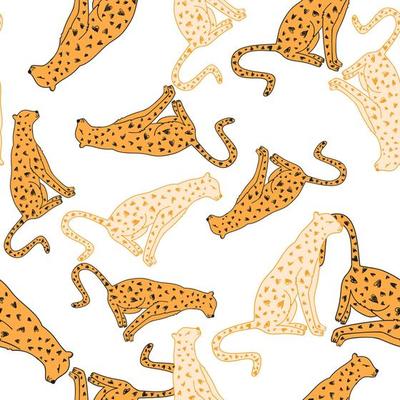 Doodle cheetah seamless pattern. Hand drawn cute leopard endless wallpaper. Wild animals background.
