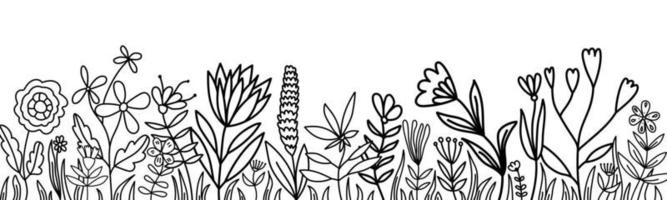 Hand drawn flowers and leaves banner. Cute doodle floral summer horizontal wallpaper. vector