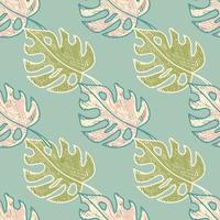 Scribble monstera leaves tropical seamless pattern. Hand drawn exotic hawaiian jungle backdrop. Rainforest background. vector