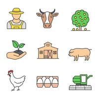 conjunto de iconos de colores de agricultura. granjero, cabeza de vaca, árbol frutal, brote en la mano, granero, cerdo, pollo, bandeja de huevos, cosechadora. ilustraciones de vectores aislados