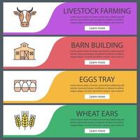 conjunto de plantillas de banner web de agricultura. cabeza de vaca, construcción de granero, bandeja de huevos, espigas de trigo. elementos del menú de color del sitio web. conceptos de diseño de encabezados vectoriales vector