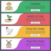 Agriculture web banner templates set. Farmer, chicken, sprout in hand, windmill. Website color menu items. Vector headers design concepts