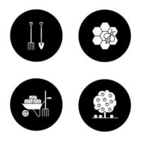 Agriculture glyph icons set. Farming. Shovel and pitchfork, wheelbarrow with hays, beekeeping, fruit tree. Vector white silhouettes illustrations in black circles