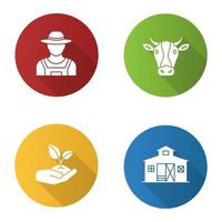conjunto de iconos de glifo de sombra larga de diseño plano de agricultura. granjero, cabeza de vaca, brote en la mano, construcción de granero. ilustración de silueta vectorial vector