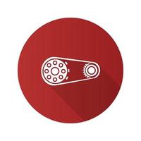 Sprocket wheel with chain flat design long shadow glyph icon. Drive belt on pulley. Vector silhouette illustration