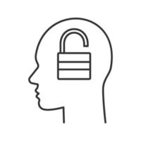 Human head with open lock inside linear icon. Password. Thin line illustration. Artificial intelligence. Contour symbol. Vector isolated outline drawing